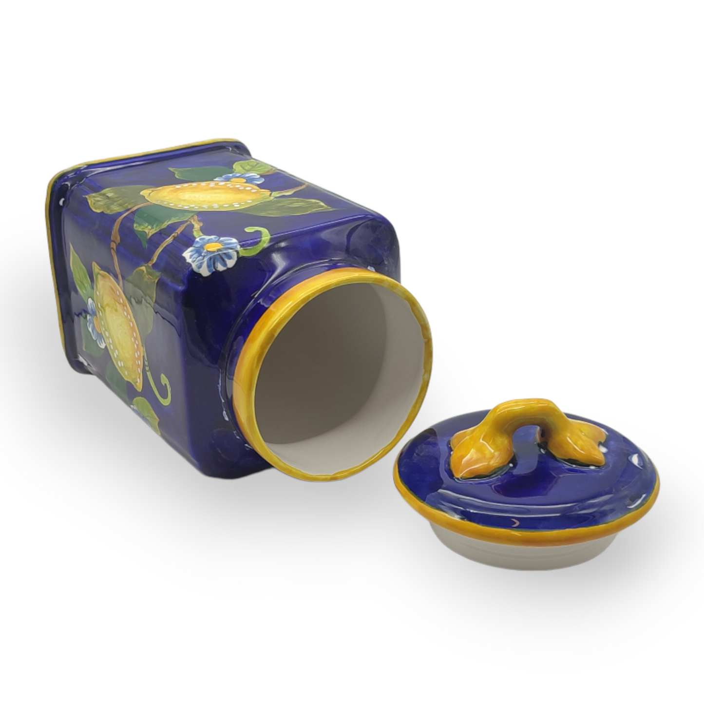 Lemon on Blue Ceramic Tall Square Cookies Jar