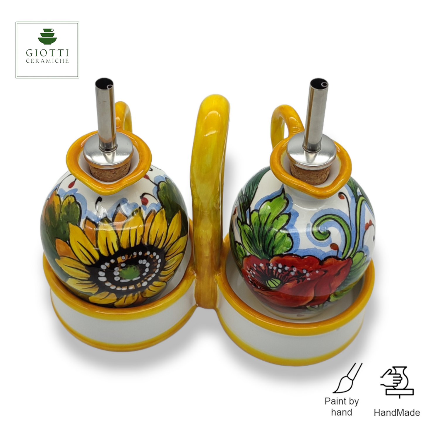 Sunflowers and Poppies Hand-Painted Oil & Vinegar Cruet Set