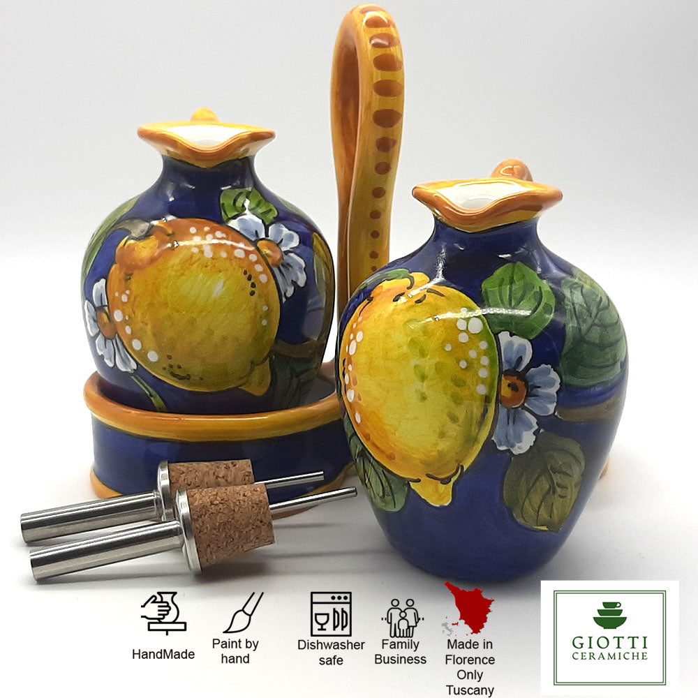 Lemon Blue Hand-Painted Oil & Vinegar Cruet Set
