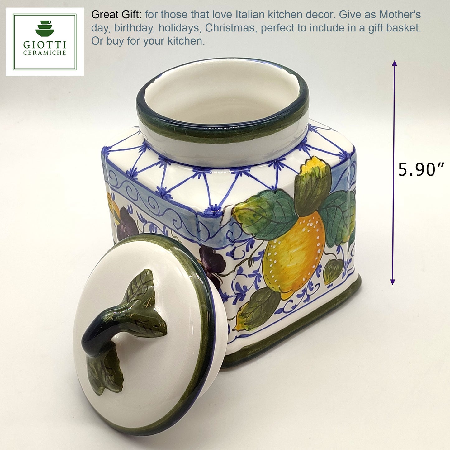 Elba Lemon Blue Curls Ceramic  Square Cookies Jar