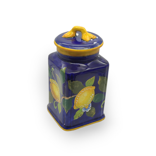 Lemon on Blue Ceramic Tall Square Cookies Jar