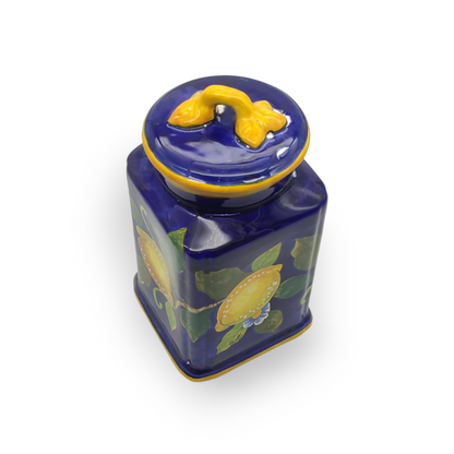 Lemon on Blue Ceramic Tall Square Cookies Jar