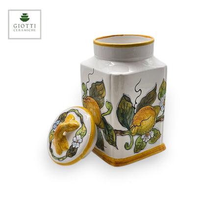 Lemon White Hand-Painted  Ceramic Tall Square Cookies Jar