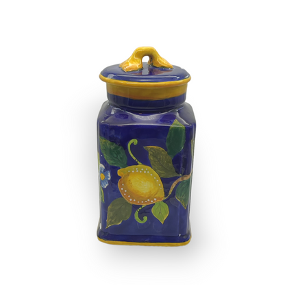 Lemon on Blue Ceramic Tall Square Cookies Jar