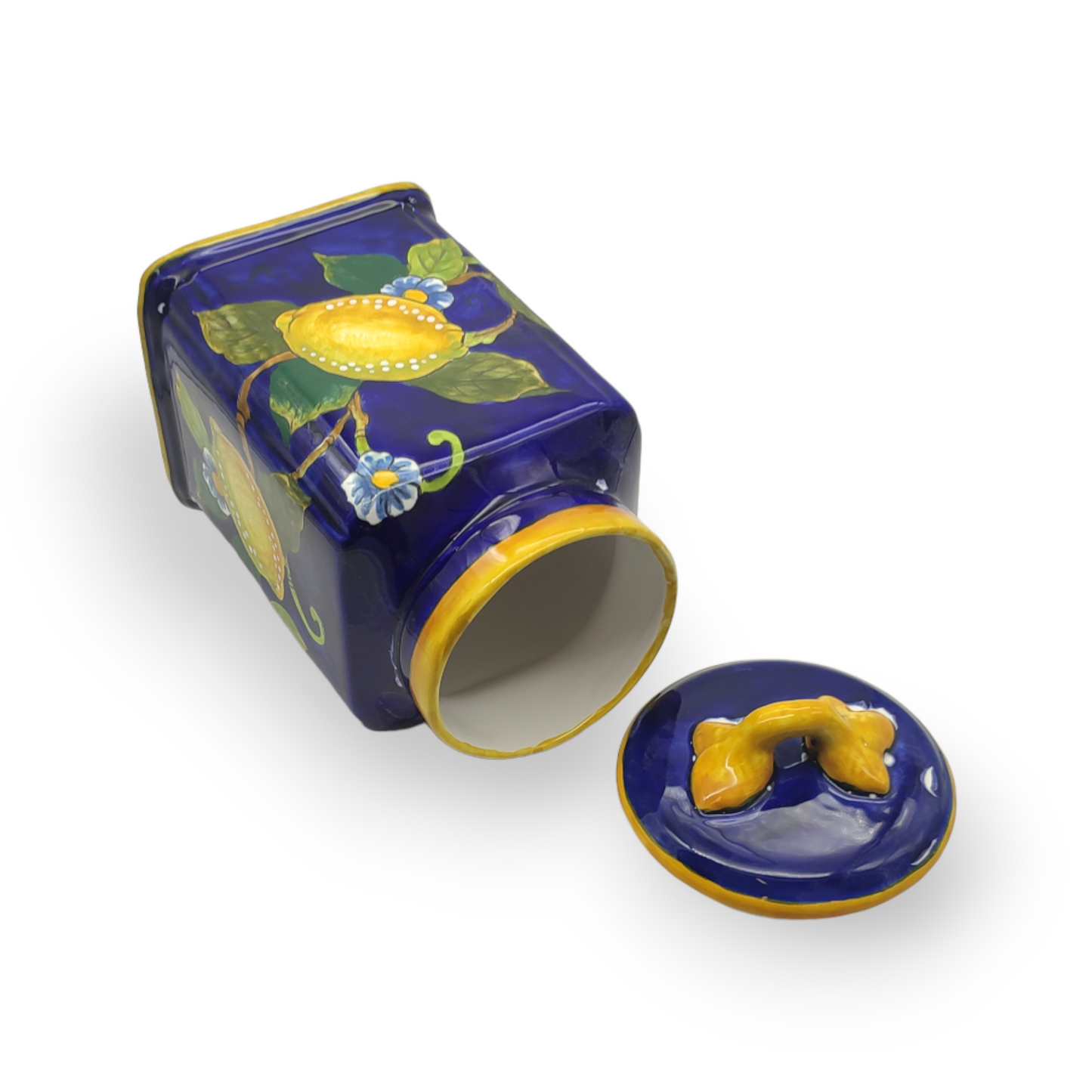 Lemon on Blue Ceramic Tall Square Cookies Jar