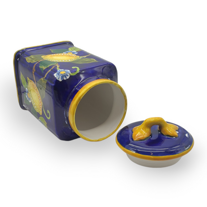 Lemon on Blue Ceramic Tall Square Cookies Jar
