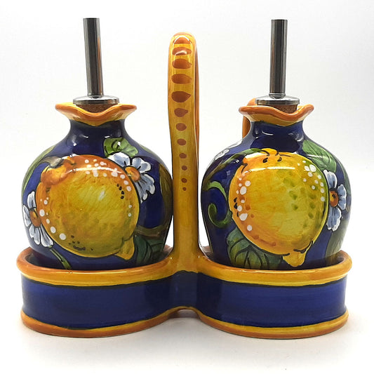 Lemon Blue Hand-Painted Oil & Vinegar Cruet Set