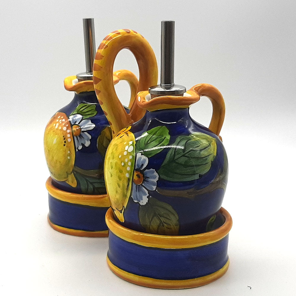Lemon Blue Hand-Painted Oil & Vinegar Cruet Set