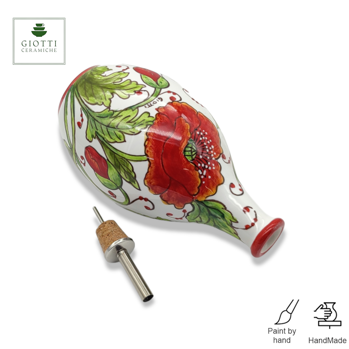 Val D'Orcia Poppies Italian Ceramic Oil Cruet with Drip-Free Spout