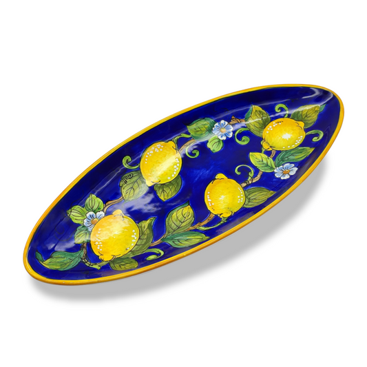 Lemons on Blue Oval Narrow Tray Long